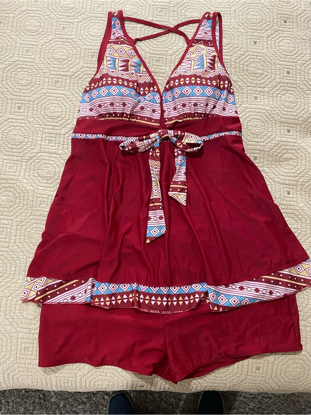 Women's Red Tribal-Accent Tankini Swim Set